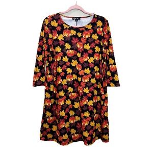 Dress Works Fall Dress Pumpkins Leaves 3/4 Sleeve Knee Length Womens Small Comfy